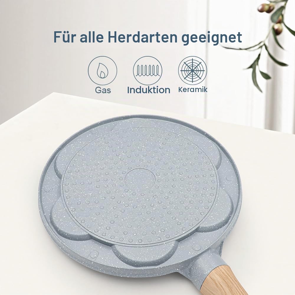 RANX INGST Pancake Pfanne Induktion, Antihaft Keramikbeschichtung, Pancake Maker 7 Löcher mit Abnehmbarer Griff, Spiegelei Pfanne zum Kinderfrühstück - Blau