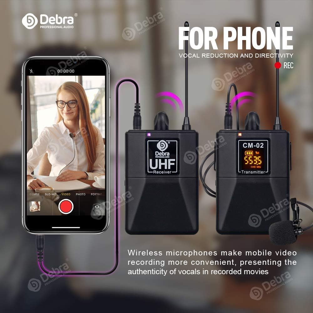 D Debra Audio CM Series UHF Wireless Lavalier Microphone with 30 Selectable Channels for DSLR Camera Phone Interview Live Recording, Wireless Lapel Microphone (CM-02 Dual Mics)