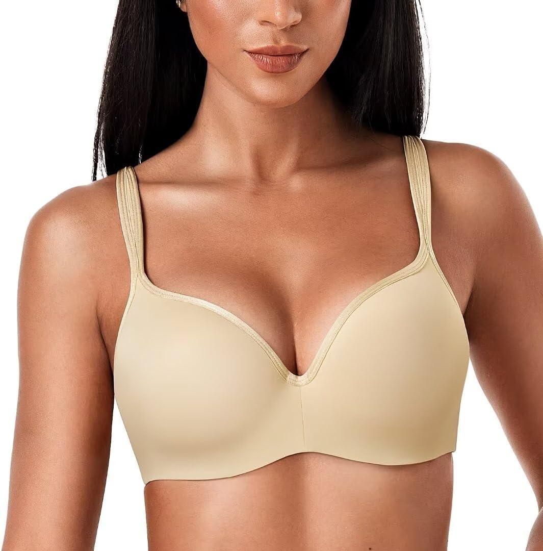 Deyllo Women's Underwire Bra Full Coverage Padded Cup T Shirt Bras Back Smoothing(Nude,34D)