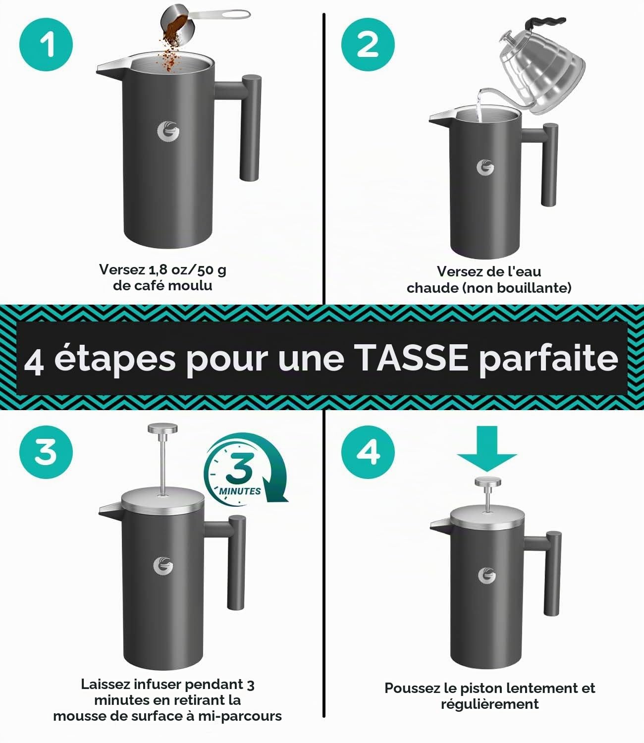 Coffee Gator Cafetière À Piston 1 Litre, En Acier Inoxydable 304, Double Paroi Isolée, Filtration 4 Niveaux, Avec boîte à Café, Portable Pour Café ou Thé Chaud et Froid, Cuisine, Camping, Gris