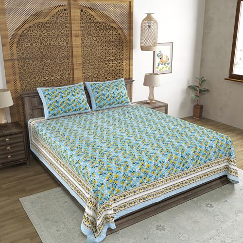 Image of BLOCKS OF INDIA Hand Block Printed 200 TC Cotton King Size Bedsheet (Blue GAD Buti)