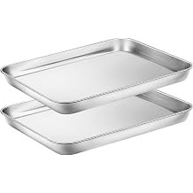 Baking Sheets Set of 2, HKJ Chef Cookie Sheets 2 Pieces & Stainless Steel Baking Pans & Toaster Oven Tray Pans, Rectangle Size 10 x 8 x 1 inch, Non Toxic & Healthy & Easy Clean