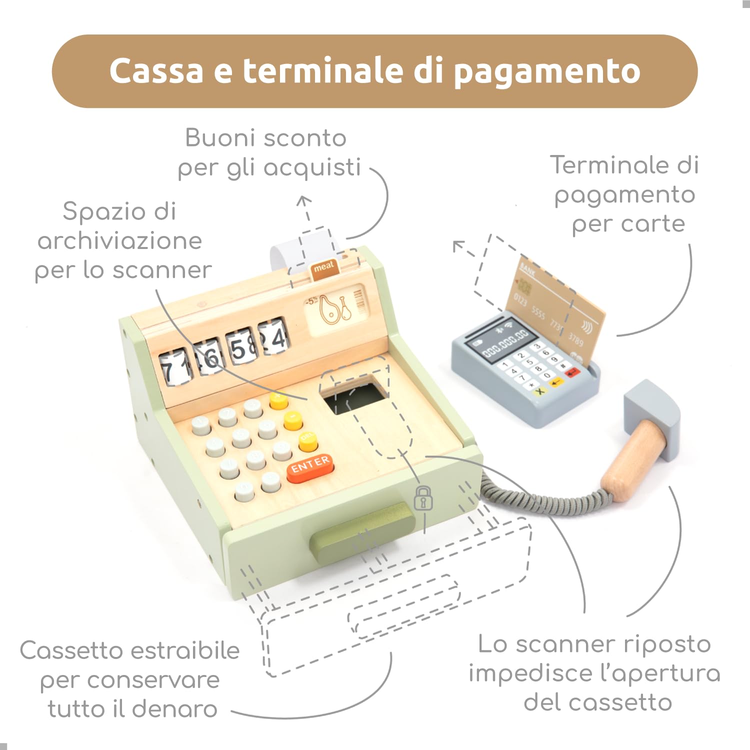 UMU® Cassa per bambini in legno - scanner, terminale di pagamento, denaro, negozi di masticazione e accessori per gioco di ruolo, da 3 a 6 anni