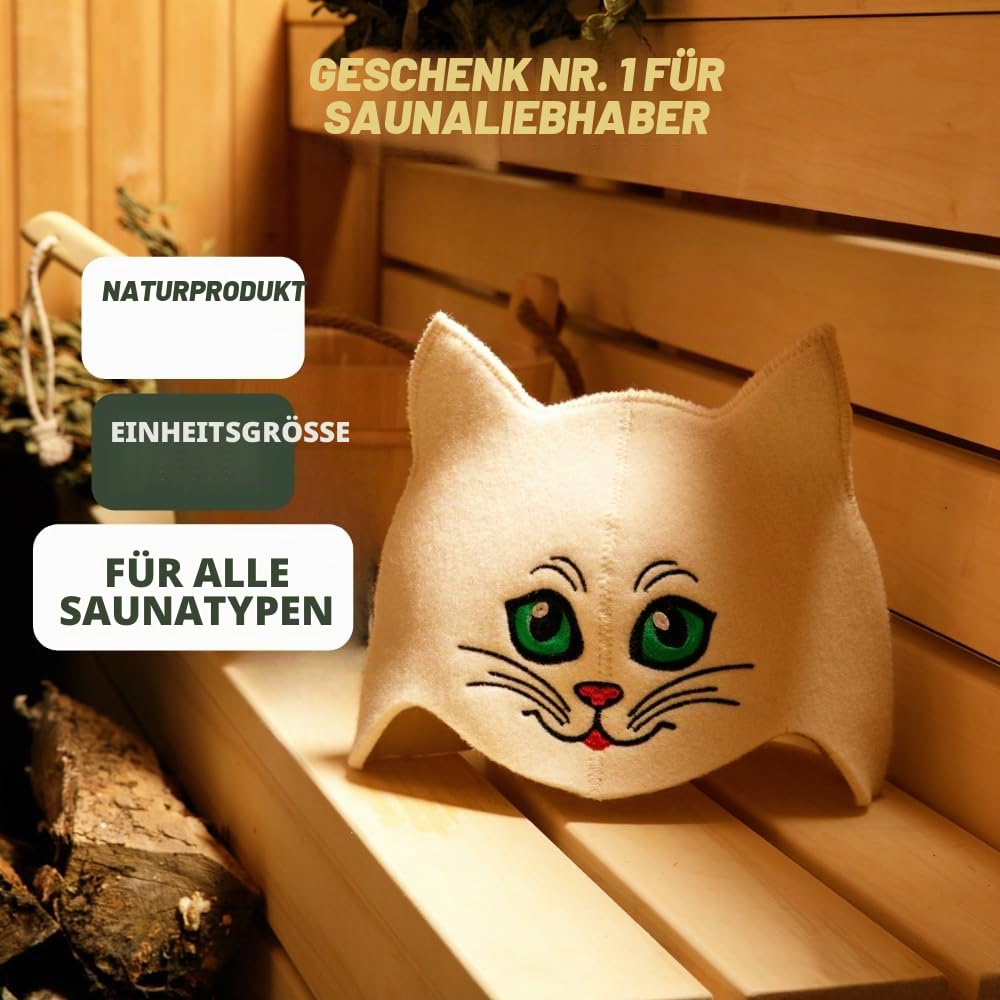Saunahut "Sauna Kitten Green" weiß - 100% Bio-Wollfilzmmützen für russische Banya - Schützen Sie Ihren Kopf vor Hitze - Sauna eBook Guide enthalten - mit Stickerei