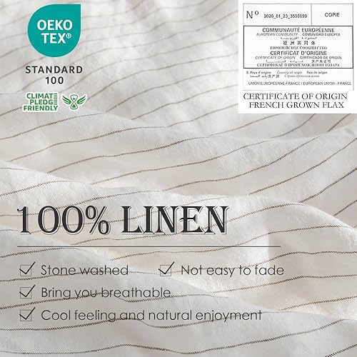 Miniatura 2 de Simple&Opulence Juego de funda de edredón 100 % lino, 3 piezas, hilo teñido vertical, patrón de tictac, lino francés lavado, natural, transpirable,