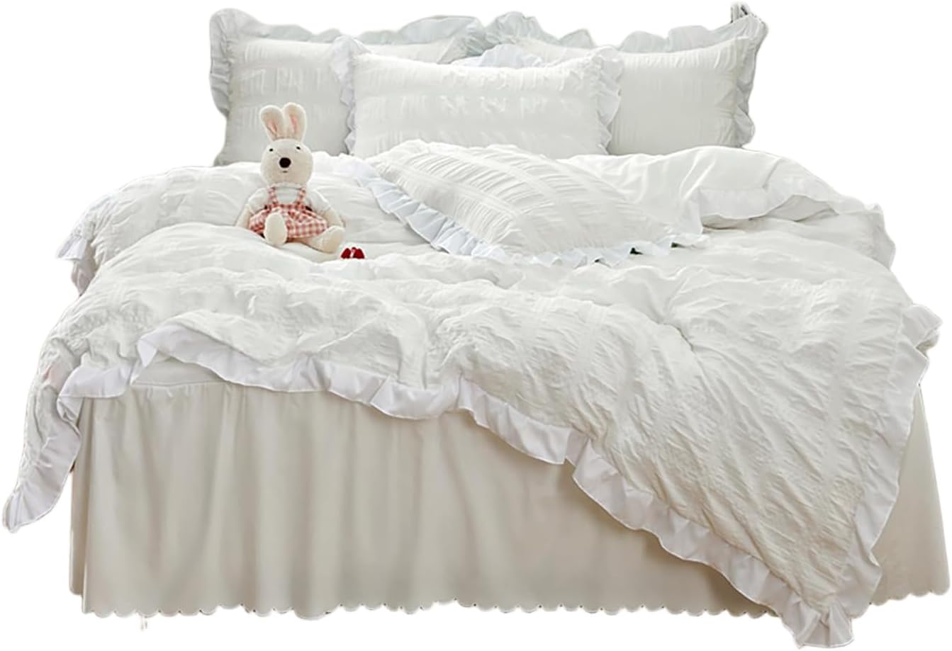 Off White Duvet Cover Queen Ruffle Seersucker 3pcs Bedding Set 1 Quilt Cover 2 Pillow Shams Lightweight Breathable Frilled Decor Sultable for Protecting Comforter and Pillow Insert