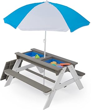 Beright 3-in-1 Kids Sand and Water Table, Wood Outdoor Convertible Picnic Table with Umbrella, 2 Trays, Activity Table for Outdoor Backyard Patio Play Gray