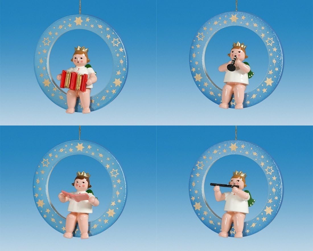 Rudolphs Schatzkiste Tree Decoration 4-Piece Angel in Blue Weis The Shaded Ring with Crown Height of Approx. 6 cm Christmas Tree Decoration Christmas Tree ore Mountains Wood