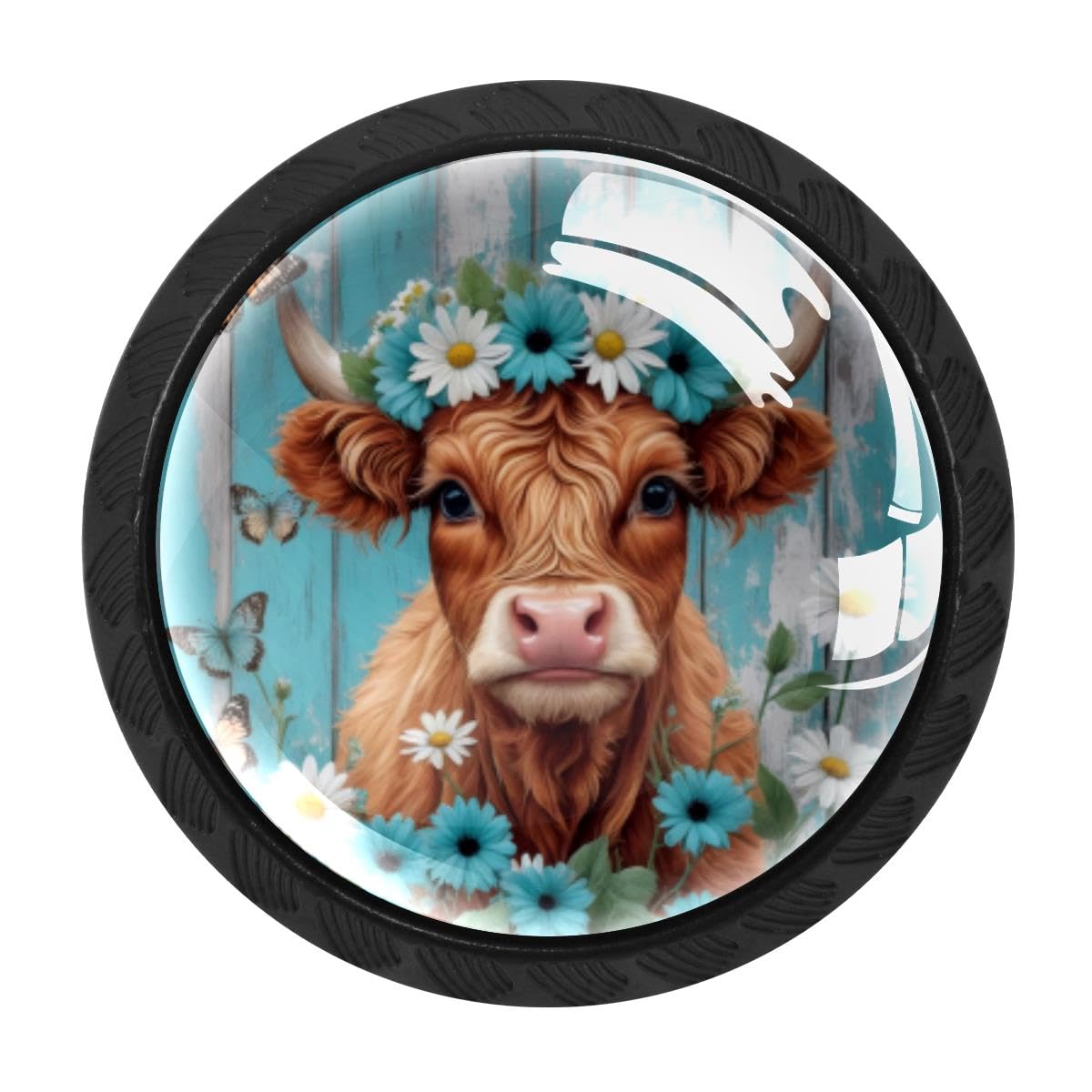 4 PCS Cabinet Knobs, Highland Cow Teal Daisy Drawer Knobs Dresser Handles