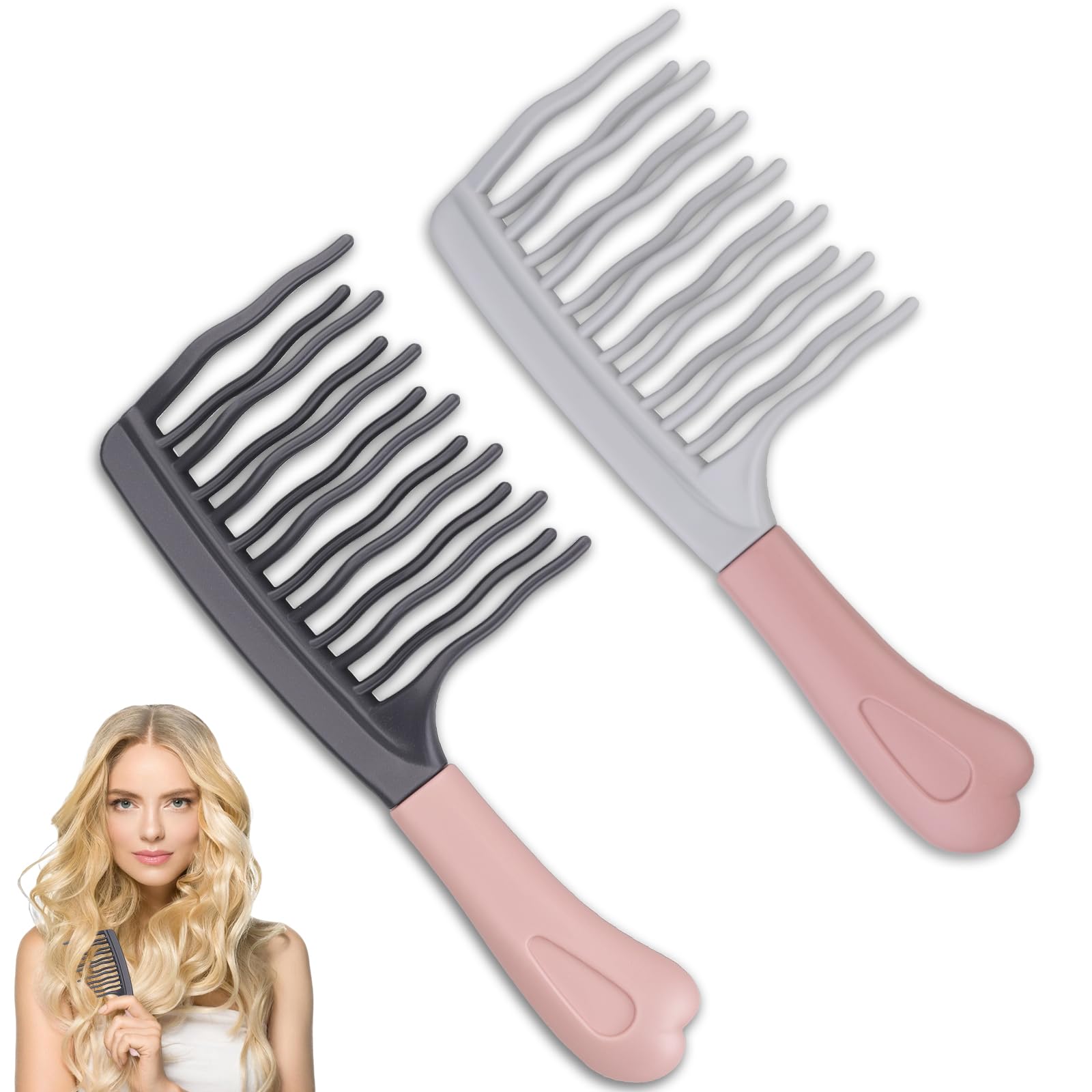 Photo 1 of 2Pack Wide Tooth Comb for Curly,Detangling Hair Brush with Double-layer Wavy Tooth Design and Ergonomic Handle for Long/Thick Dry/Wet Hair for Women/Girl/Men,Portable travel Curl Comb