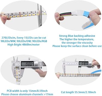 Brightest RGB+CCT Flexible led Strip Lights 270LEDs/Meter 5050 RGB + 2835 Warm White Daylight White Double Row Super Bright RGBWW Non-Waterproof Flexible LED Tape Light(DC24V 5meter/16.4ft)