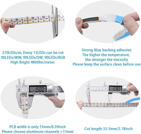 Brightest RGB+CCT Flexible led Strip Lights 270LEDs/Meter 5050 RGB + 2835 Warm White Daylight White Double Row Super Bright RGBWW Non-Waterproof Flexible LED Tape Light(DC24V 5meter/16.4ft)