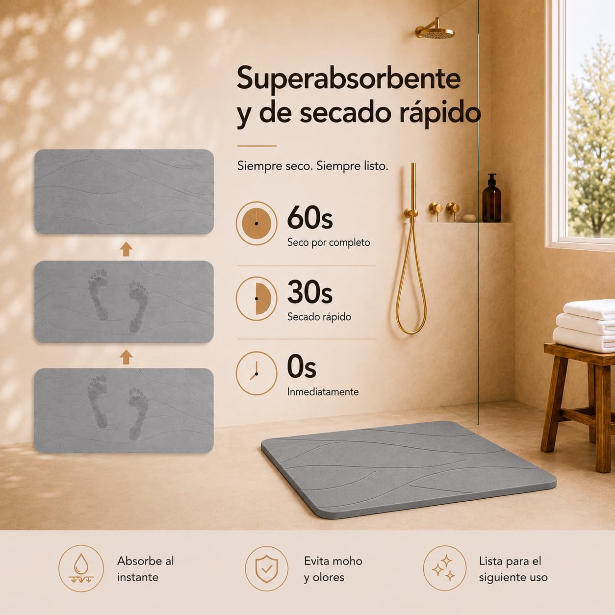 Alfombra de Baño de Diatomita 40 x 60 cm, Piedra Ultra Absorbente de Secado Rápido, Antideslizante y Antibacteriana, Alfombrilla de Ducha, Fácil de Limpiar. (Gris)