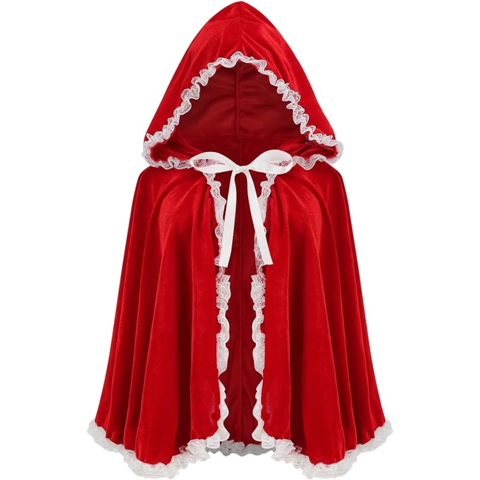 RRCBMD Little Red Riding Hood Cape Velvet Cloak for Halloween Christmas Cosplay Party White lace-bright red-M-25.59 inch