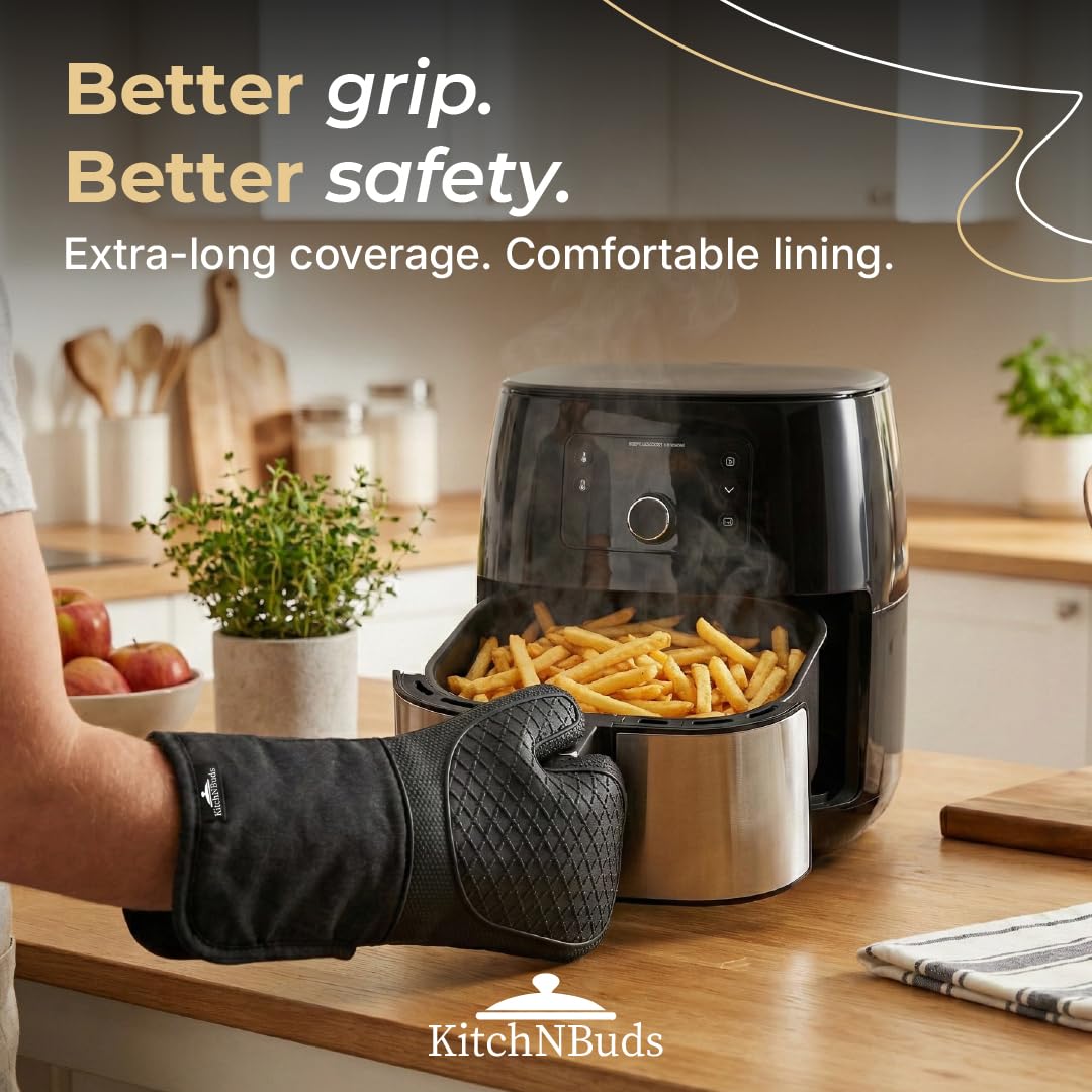 Kitch N Buds Oven Mitts, Extra-Long 15 in (38 cm), Black, Non-Slip Silicone Grip, Heat Resistant up to 500°F, Soft Cotton Lining - 4