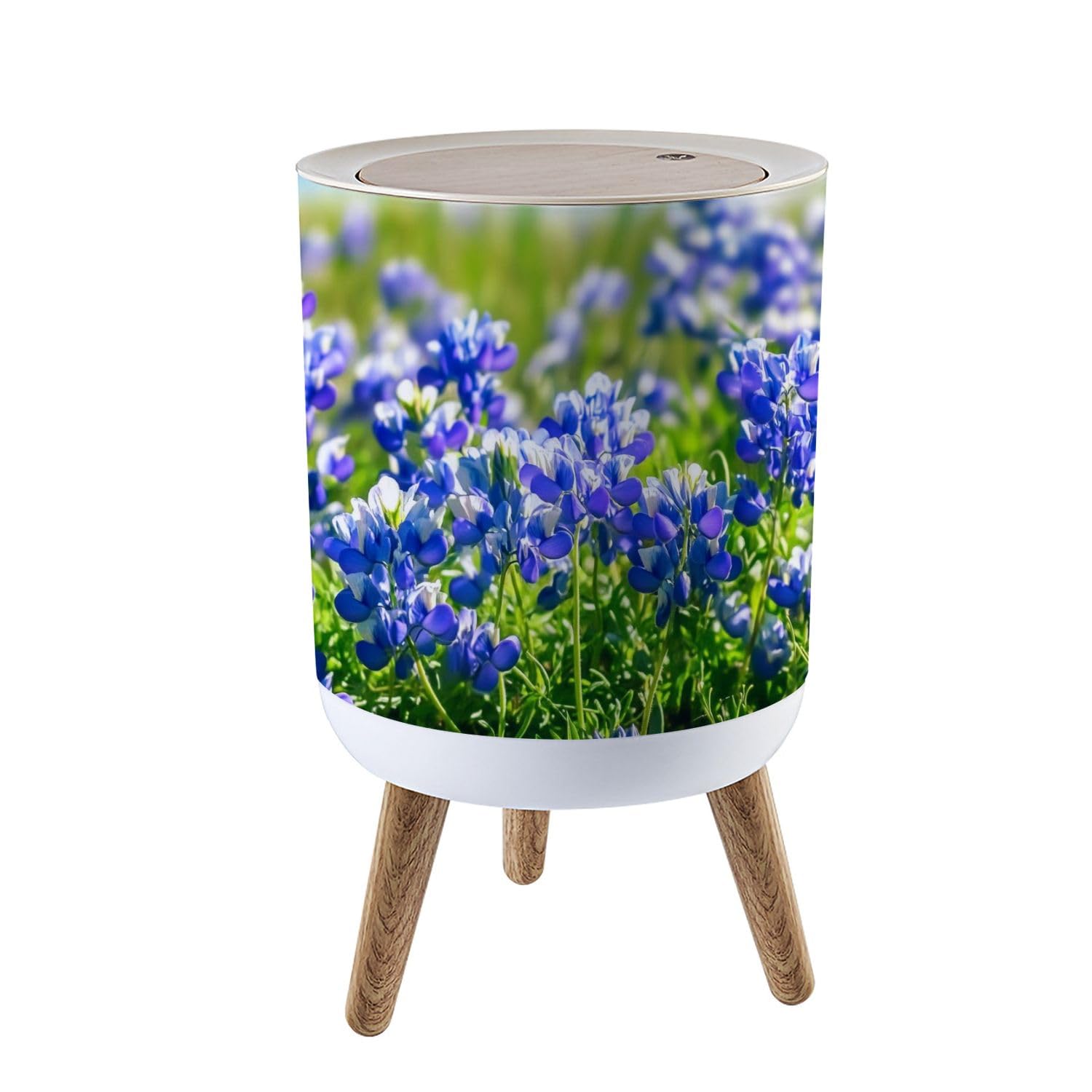 Trash Can with Lid Close up View Beautiful Bluebonnets Texas Hill Country Press Cover Round Small Garbage Bin with Wooden Legs Waste Basket for Kitchen Bedroom Nursery 7L/1.8 Gallon