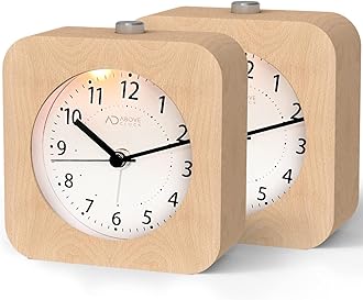 Alarm Clock Analogue Without Ticking, Pack of 2, Wooden Alarm Clock with Snooze, Bedside Table Clock with Night Light, Not Included, Natural Wood in Light Brown