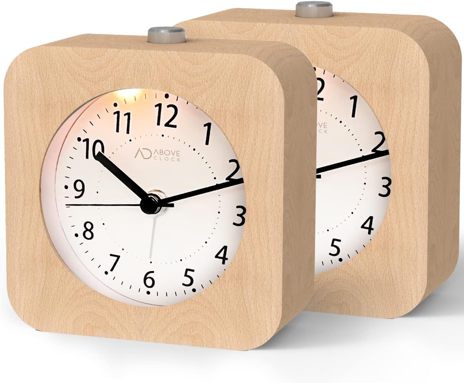Alarm Clock Analogue Without Ticking, Pack of 2, Wooden Alarm Clock with Snooze, Bedside Table Clock with Night Light, Not Included, Natural Wood in Light Brown