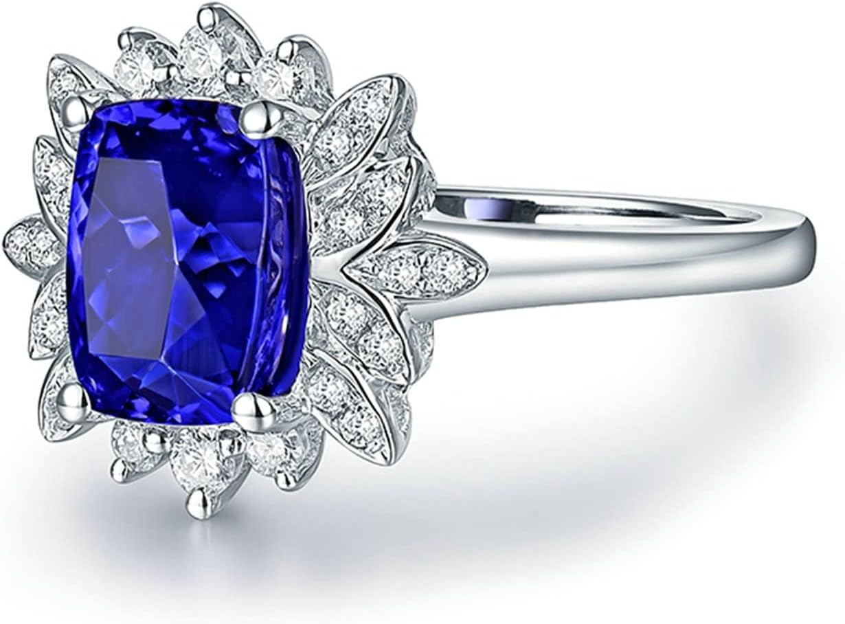 18K White Gold Ring Unisex 1.92ct Rectangular Shape Tanzanite with 0.19ct Diamond Anniversary Rings for Girls