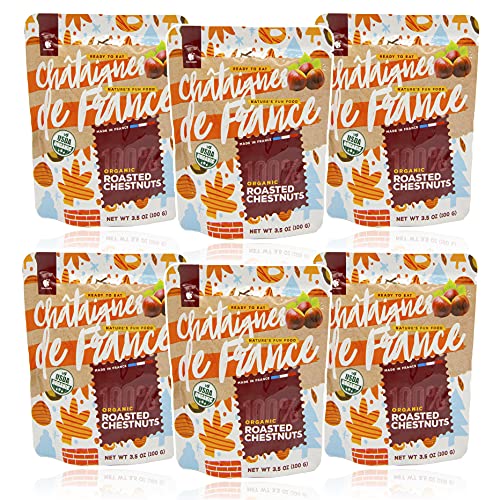 French Gourmanity 3.5 oz Pack Of 6, Organic Roasted Chestnut Pouches From Ardeche, Chestnuts Roasted Peeled, Cooked Whole Chestnuts From France, Chestnuts Peeled And Ready To Eat, Shelled Chestnuts