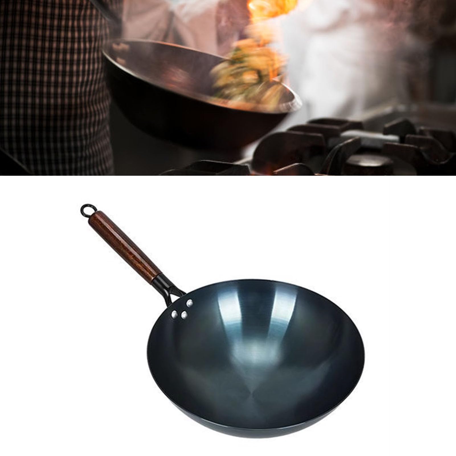 SIXRUN Padella Wok in Ferro, Wok Antiaderente con Manico Singolo con Fondo Tondo Cinese Tradizionale in Ferro Raffinato per Ampia Applicazione per Ristoranti Domestici (38 cm)