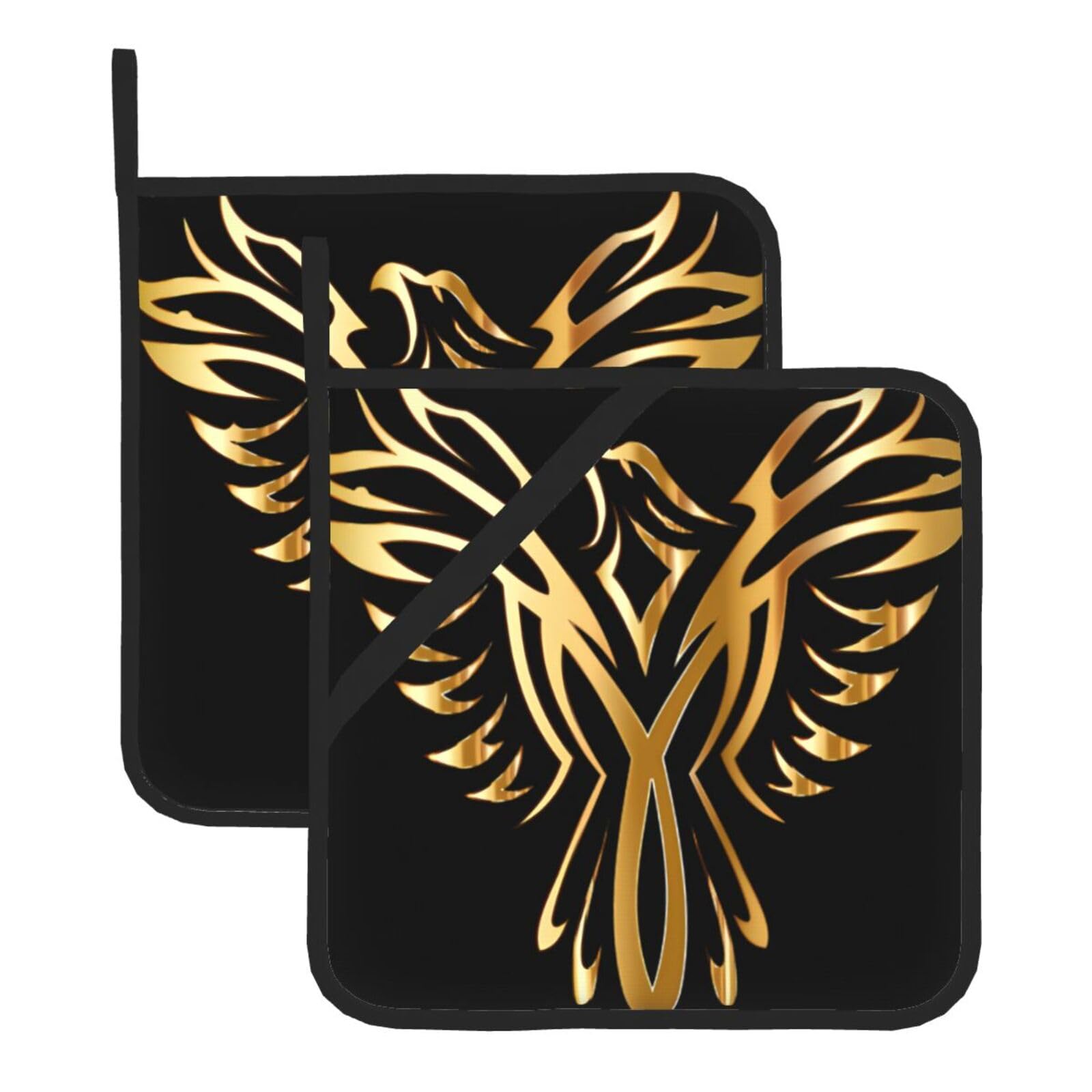 Hjfczh Black Phoenix Prints Square Hot Pads Set Of 2 - Waterproof Kitchen Covers For Pots & Pans, Heat Resistant Layers With Hanging Loop - Great For Oven & Bbq