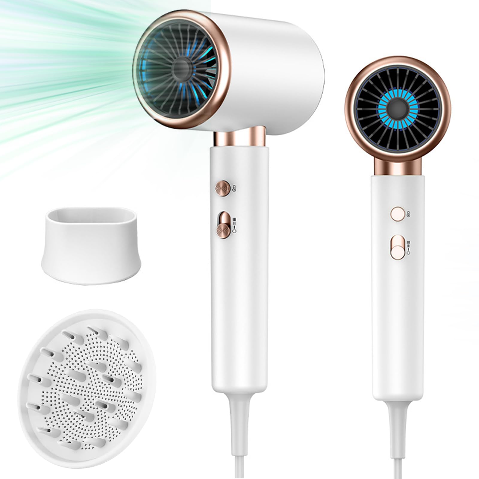 Oskuglin Secador de pelo iónico profesional, secador de pelo de 2400 W con botón frío/calor, 3 ajustes de temperatura, difusor incluido, apto para peluquería profesional/doméstica (Blanco)