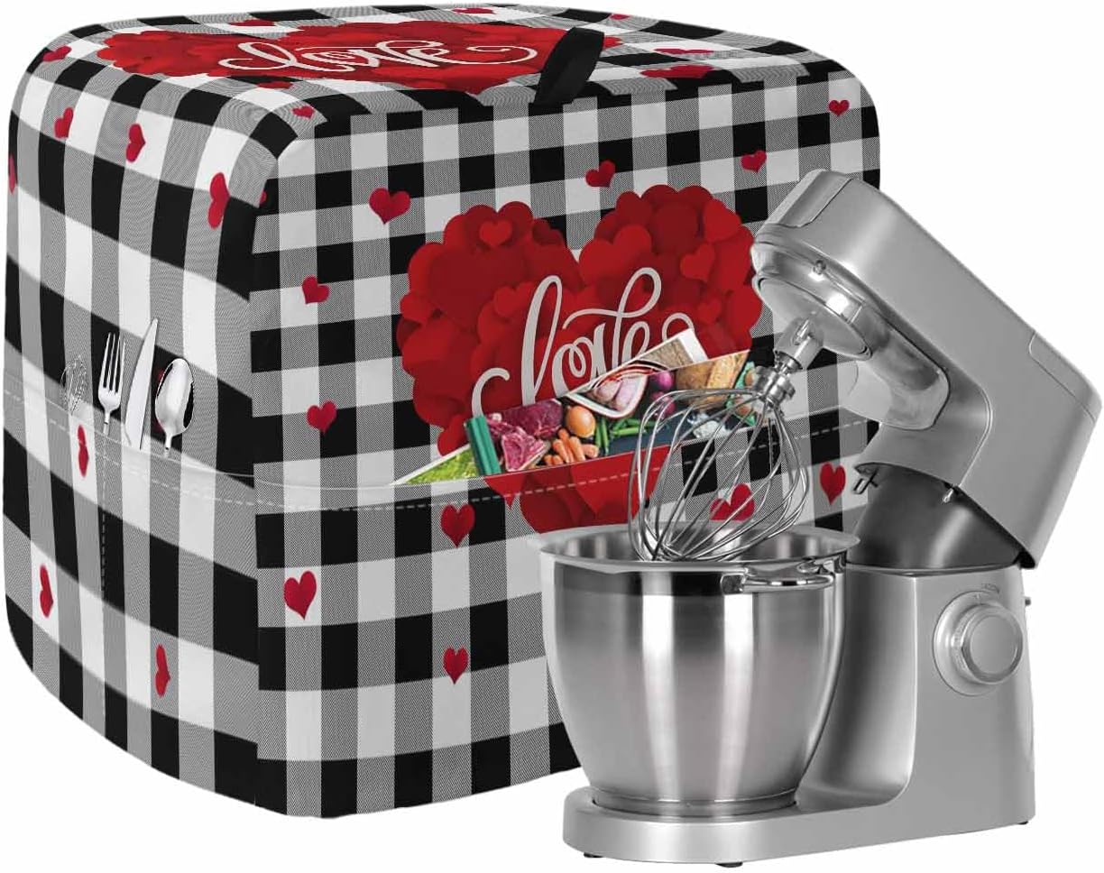 Stand Mixer Cover with Storage Pocket, Valentine's Day Waterproof Kitchen Mixer Covers, Love Heart Black White Plaid Farmhouse Kitchen Appliance Dust Cover Compatible with 5-8 Quart Mixers