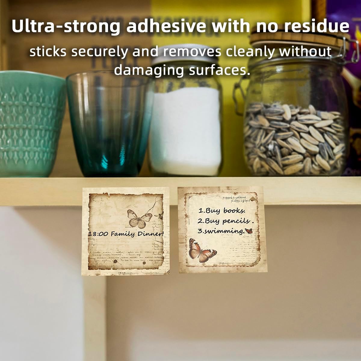 Retro Butterfly 4 Pack/200 Sheets 3x3 inch Sticky Notes Set, Vintage Memo Pads with High-Adhesive, Reusable Tearable Post it Notes for Journal Planners Office School Home, Bulk Stationery Gift - Image 3