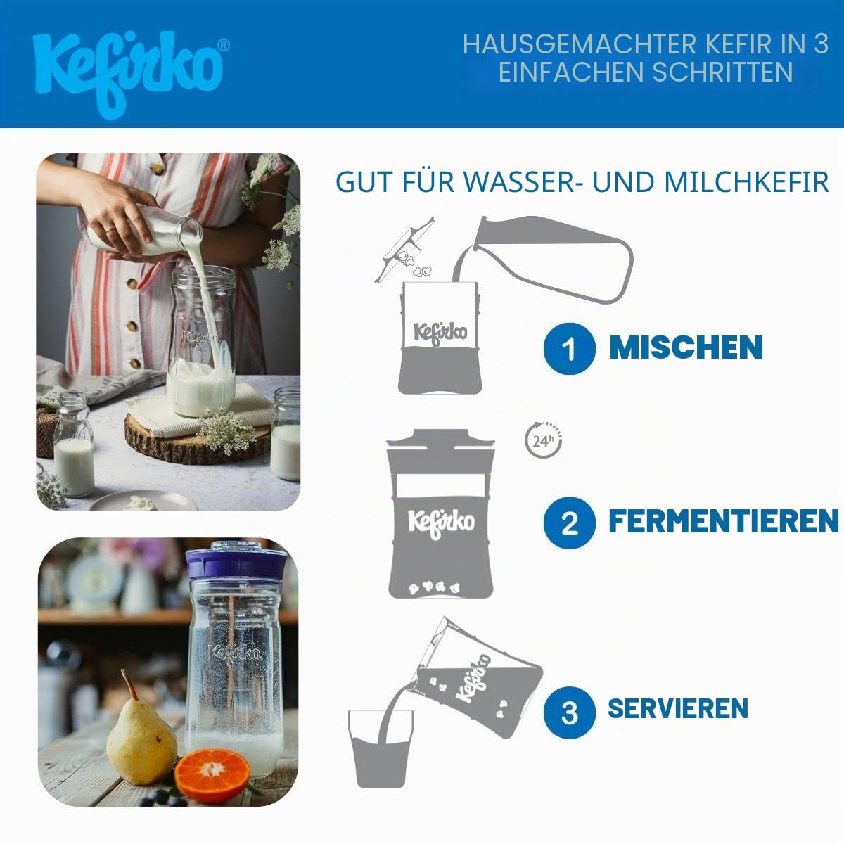 Kefirko Fermentations Set 900ml Grün Milch- und Wasserkefir