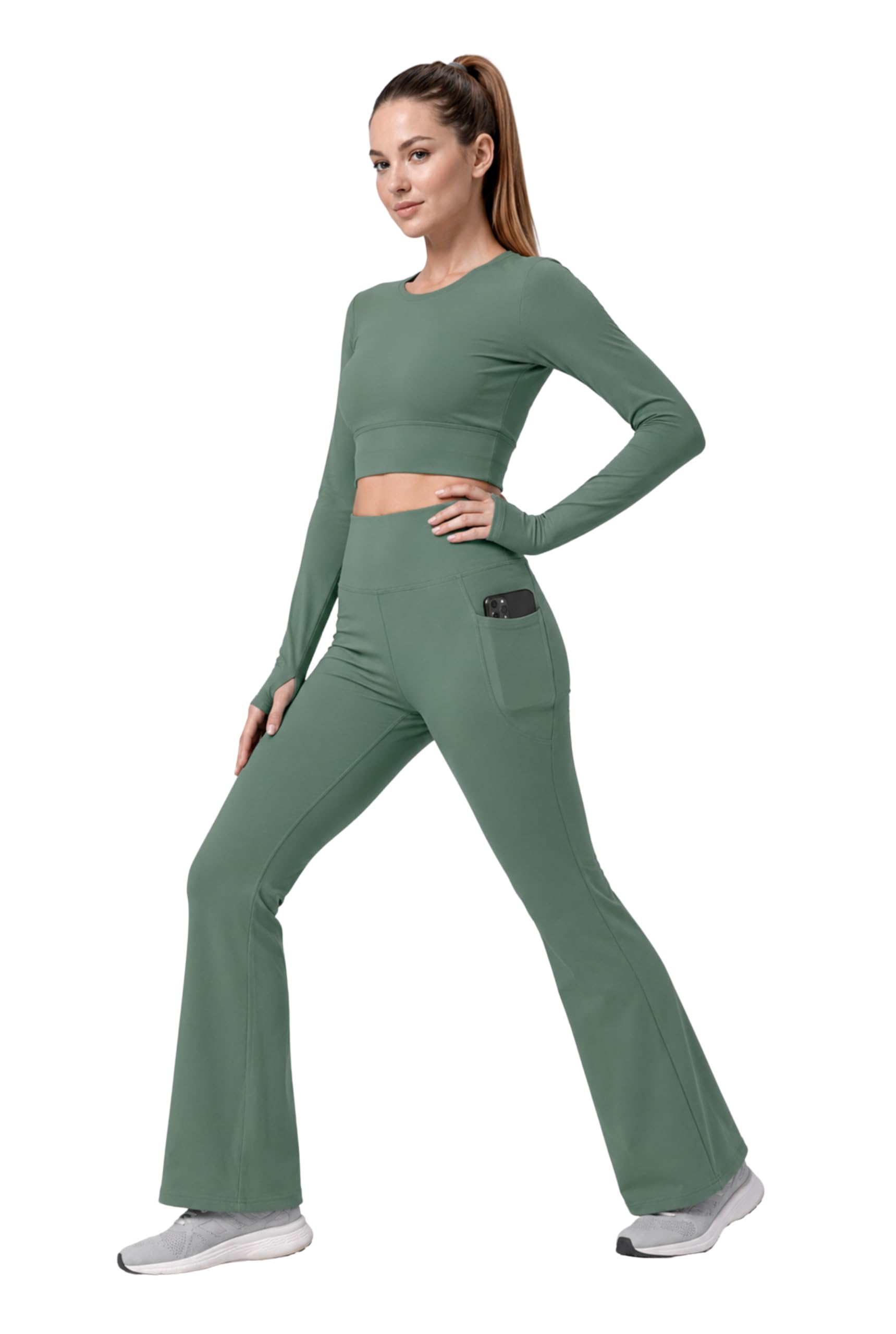 Women’s Yoga Co-Ord Set | Thumb Full Sleeve Crop Top & High Waist Flared Bootcut Yoga Pants with Pocket |Bell Bottom Gym Workout Activewear Set for Running, Fitness & Lounge Wear-image-25