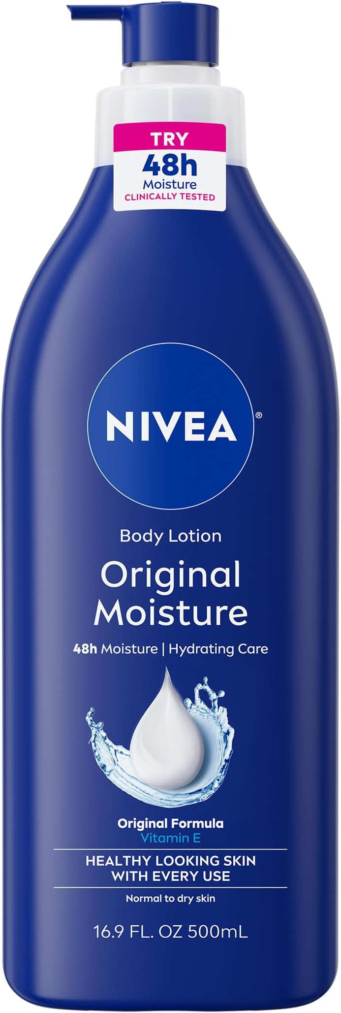 NIVEA Original Moisture Body Lotion with Vitamin E, 48-Hour Body Moisturizer for Normal to Dry Skin, 16.9 Fl Oz Pump Bottle