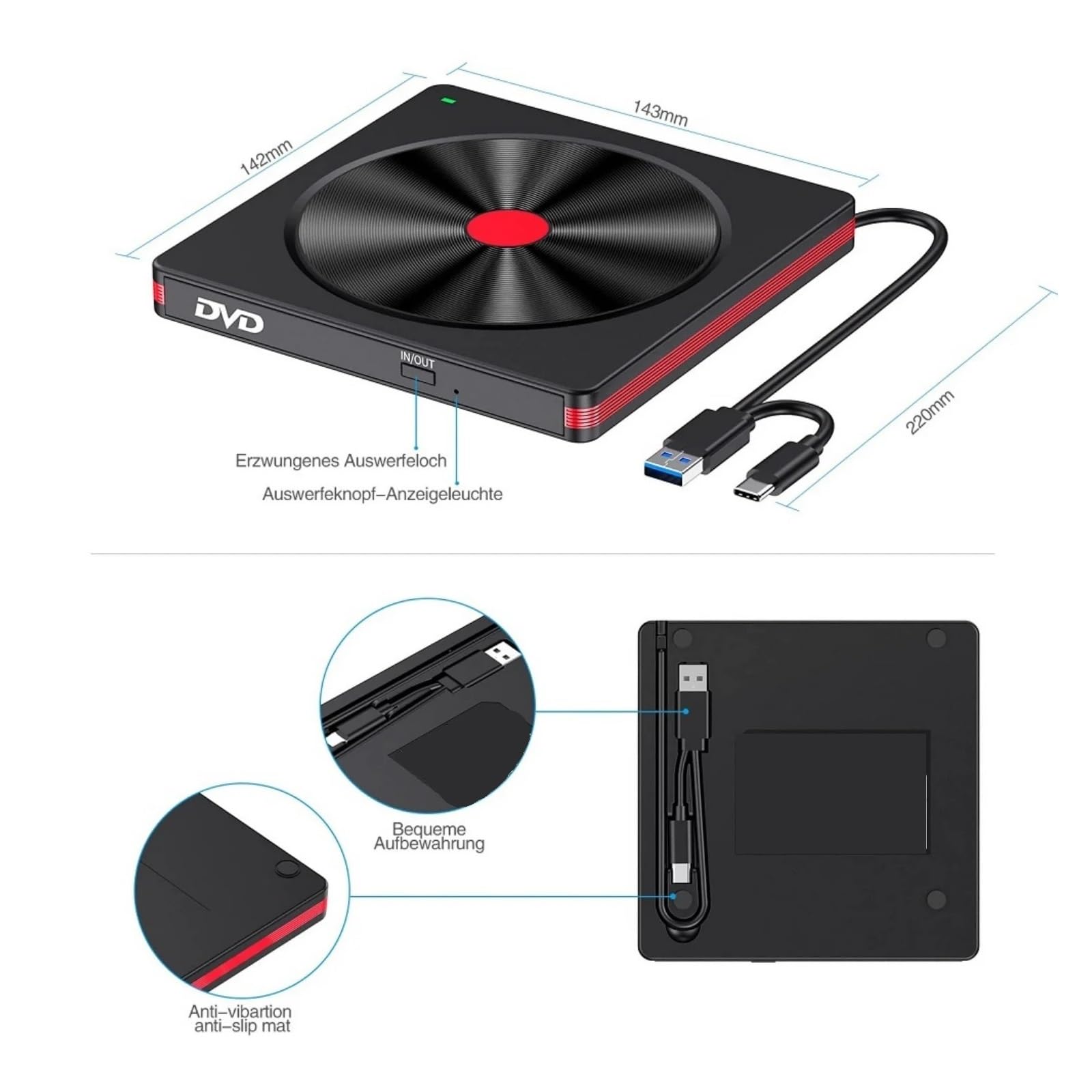 Unidad Externa de CD/DVD, grabadora USB CD ROM Unidad de DVD Externa Lector de CD Reproductor de DVD