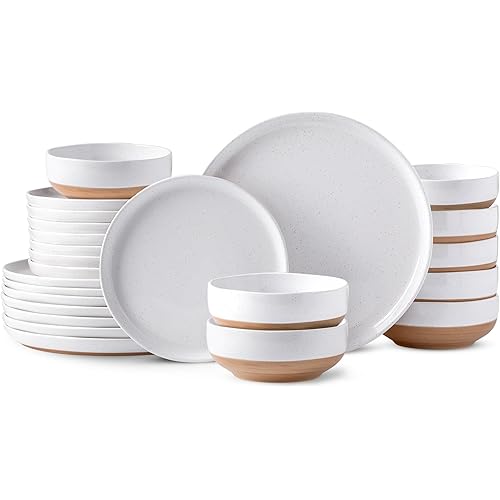 AmorArc Ceramic Dinnerware Sets for 8, 24 Pieces Handpainted Plates and Bowls Set with Rustic Terracotta Underside, Scratch Resistant Stoneware Dishes Set, Dishwasher & Microwave Safe, White