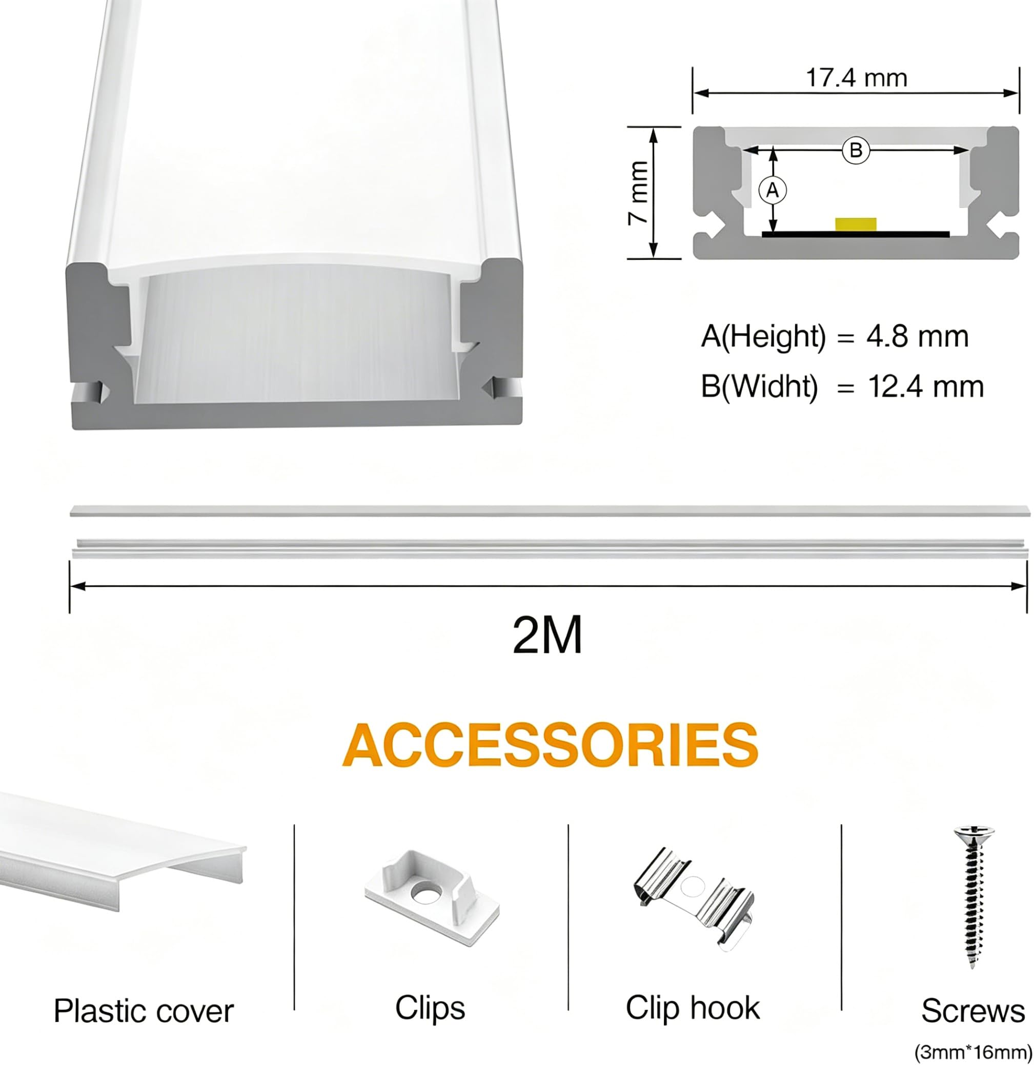 15 x szyna LED, 2 m, profil aluminiowy w kształcie litery U, z białą osłoną, zaślepkami i klipsami montażowymi, aluminiowa listwa do taśm świetlnych do 12 mm, listwa zasilająca, profil
