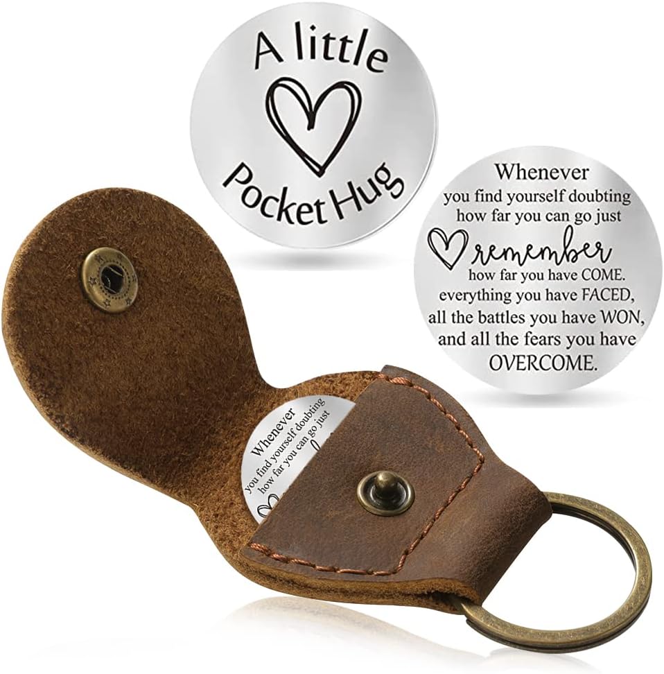 Pocket Hug Token Long Distance Relationship Keepsake, Double Sided Message Engraved with Leather Keychain, JC65