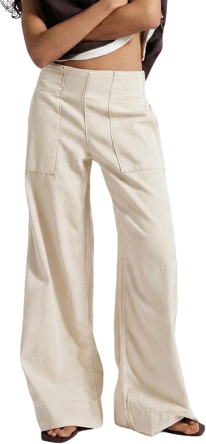 utcoco Women's Baggy Stretchy Mid Rise Jeans Boyfriend Wide Leg Denim Pants Patch Pocket
