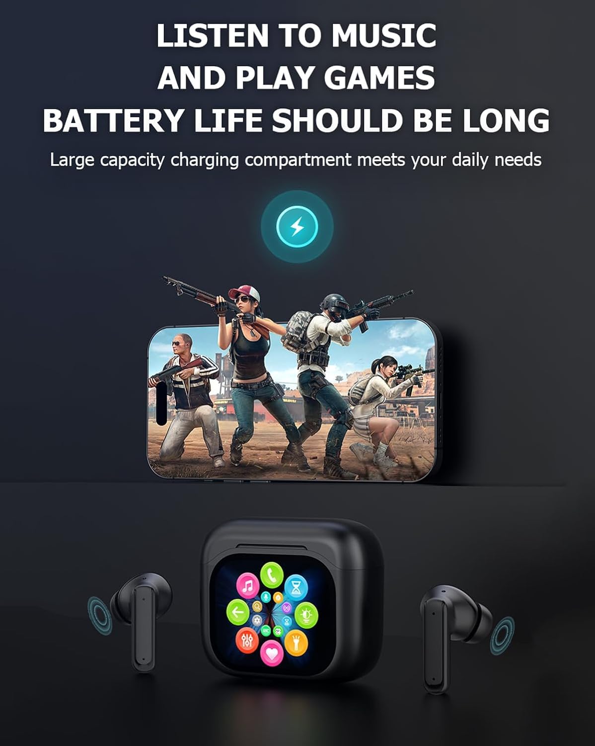Wireless Touchscreen TWS True Wireless Bluetooth ANC Active Noise Cancelling Earbuds with Smart Touch Screen Case - Blue Tooth Earphones for iPhone Android In Ear Headphones