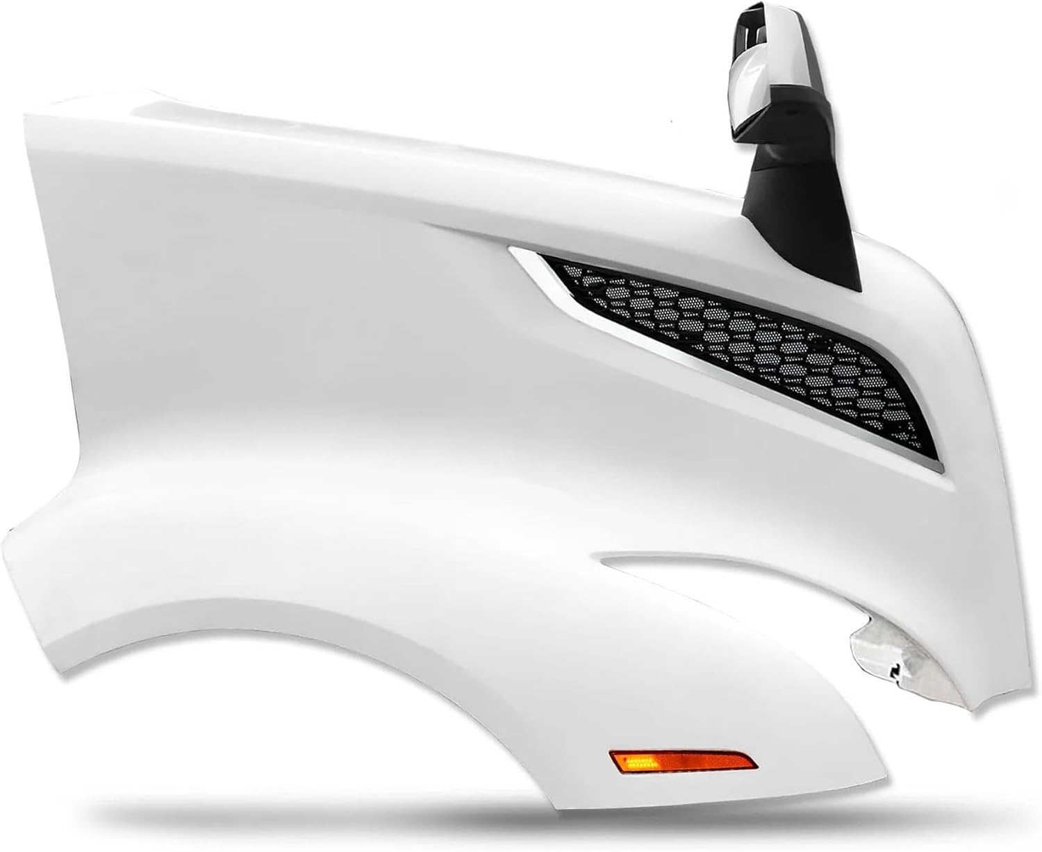 KOZAK Fiberglass Hood Fender w/Air Hood Vent Grille, Chrome Mirror & Turn Marker Light - Right Passenger Side - compatible with Volvo VNL 2018+ PLUS Logo, Wipers, License Plate Frame, Vest