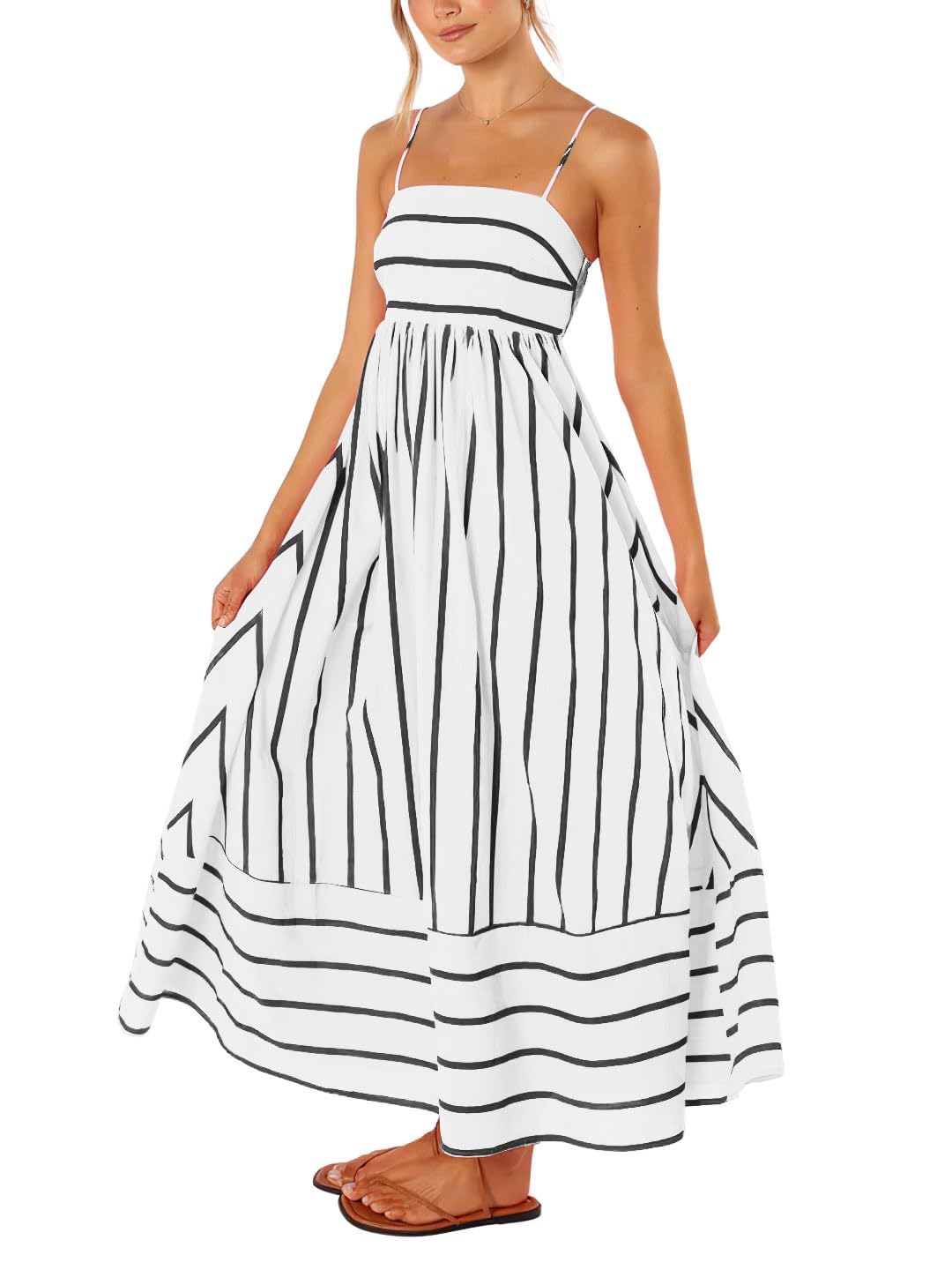 utcoco Womens Summer Striped Back Smocked Maxi Sundresses Spaghetti Strap Cut Out Flowy Swing A Line Long Dress
