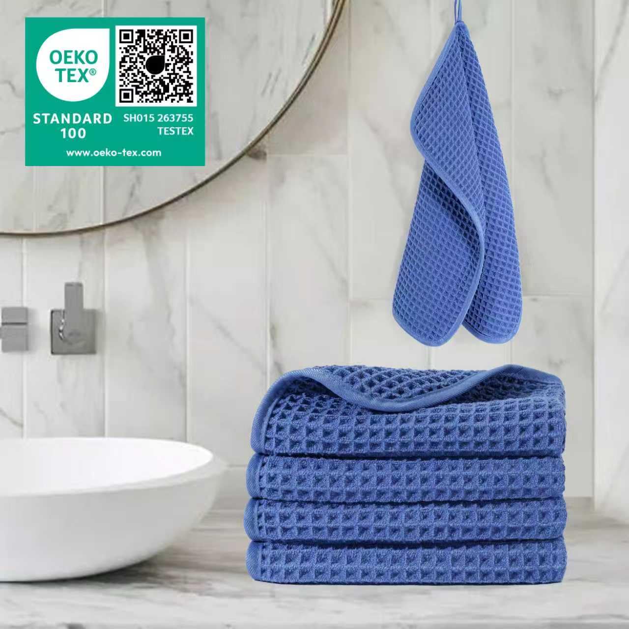 POLYTE 430 gsm Microfibre Lint Free Washcloth Face Towel, 33 x 33 cm, 4 Pack (Waffle Weave), Royal Blue - Image 2