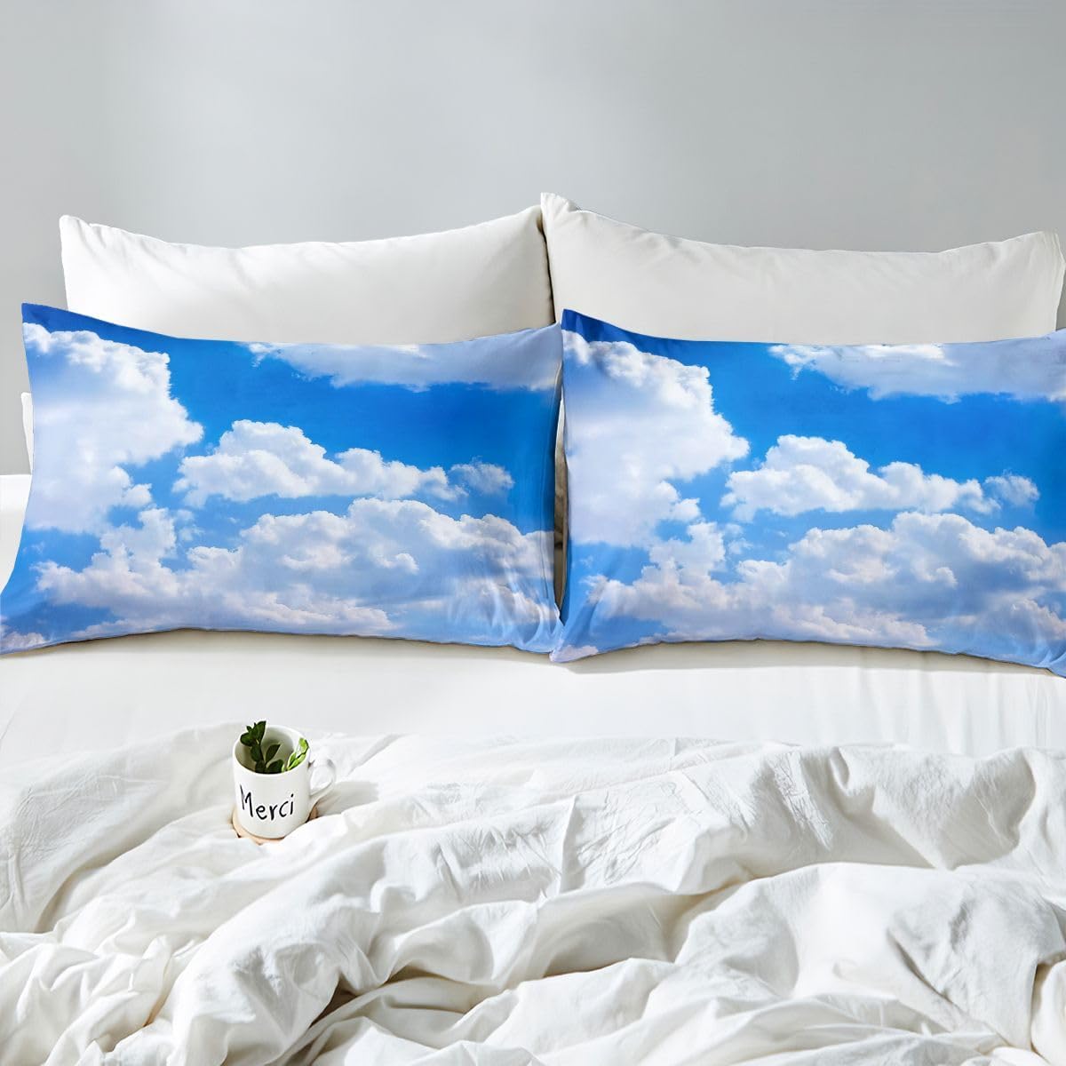 Erosebridal Blue Sky and White Clouds Sheet Set Queen Size for Boys Teens, Kids Kawaii Fitted Sheet Nature Bed Sheets Soft Microfiber Top Sheet Bedroom Decor 4 Pieces with 2 Pillowcases
