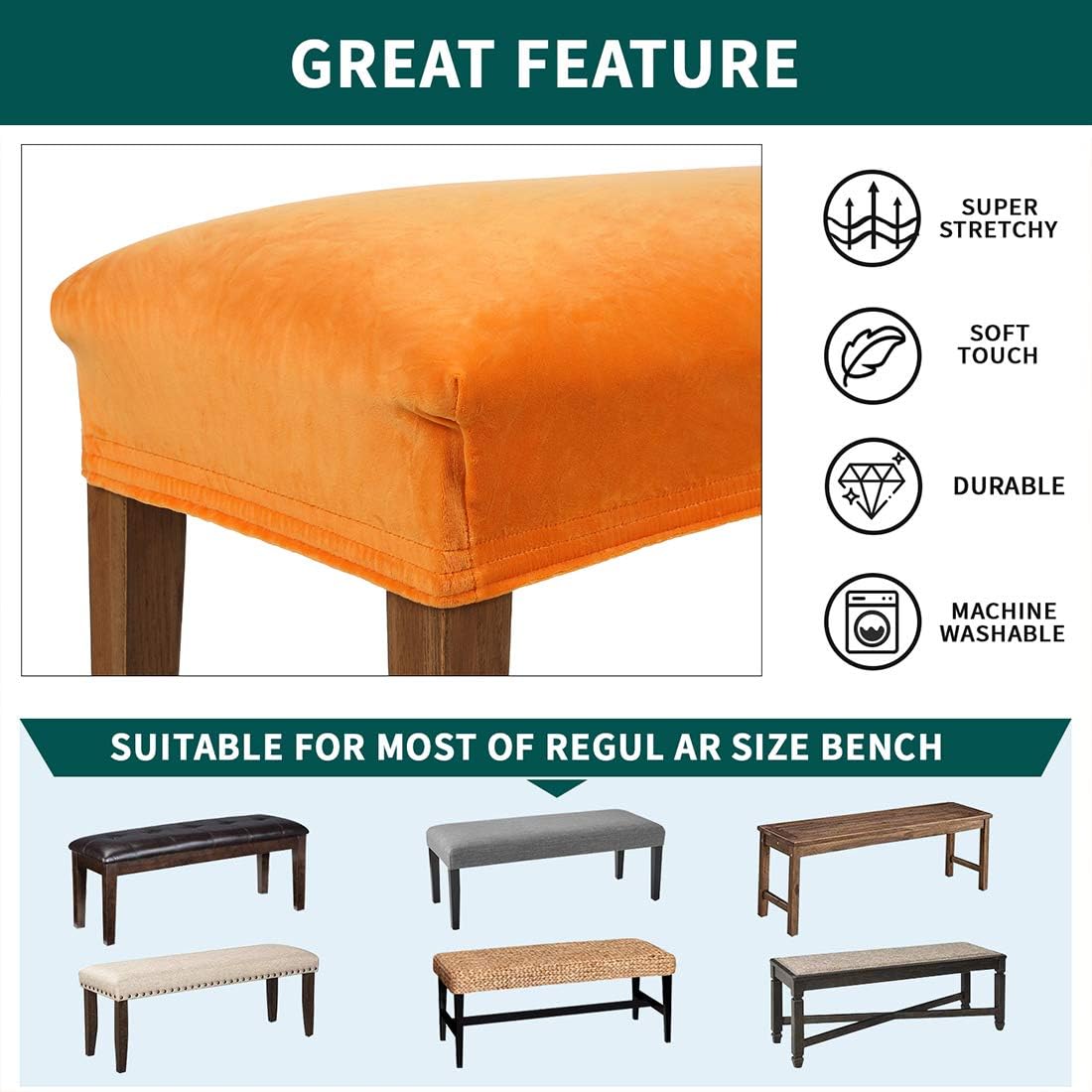 Greatest Product smiry Velvet Dining Room Bench Covers - Soft Stretch Spandex Upholstered Bench Slipcover Removable Washable Bench Seat Protector for Living Room, Kitchen, Bedroom (Orange)