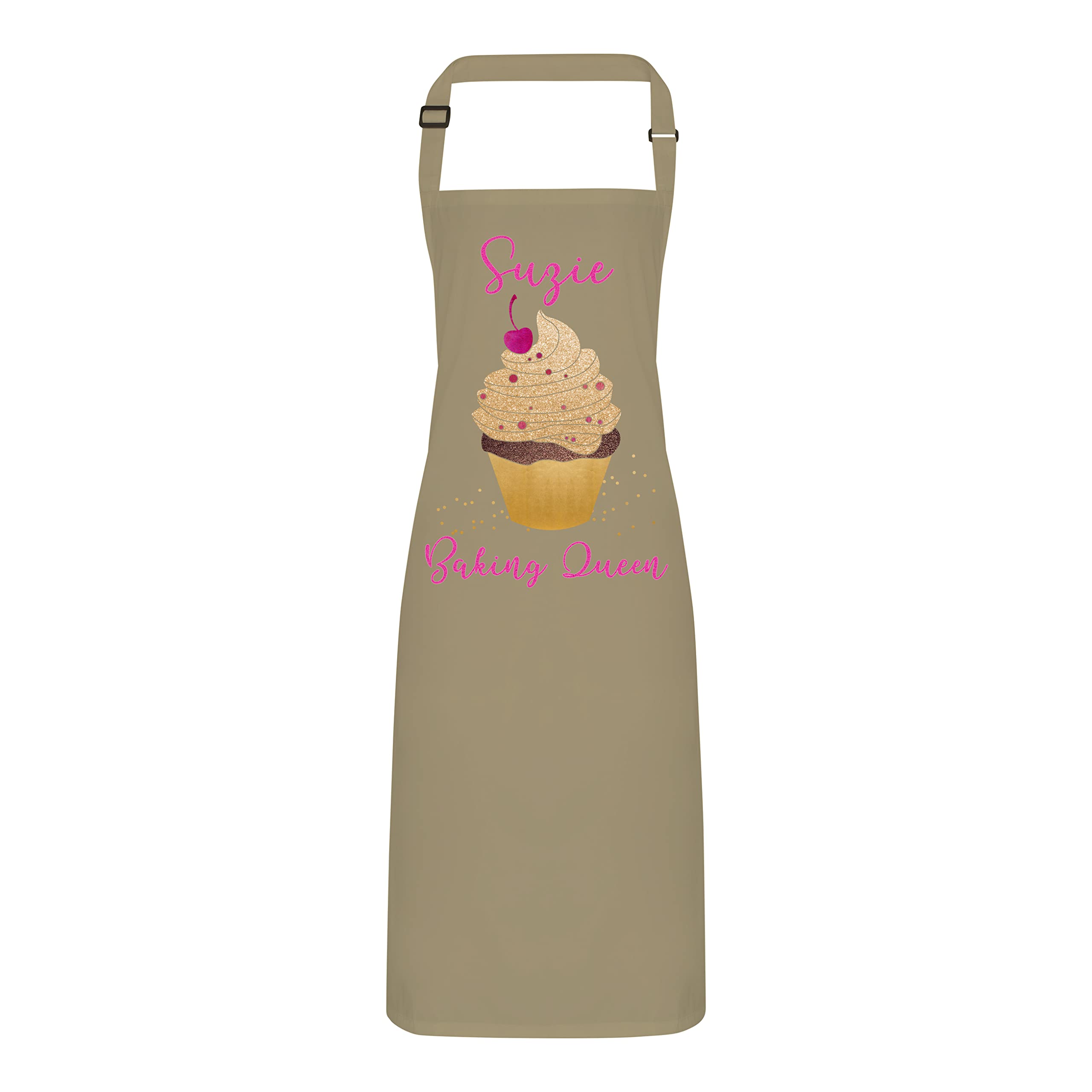 Personalised Apron - Cup Cake Baking Queen with Adjustable Neck Strap - Full Colour Print (Khaki)