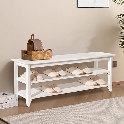 Dewfig Banco de zapatero para entrada con almacenamiento, 48 pulgadas, banco de madera de 3 niveles para pasillo, puerta delantera, entrada, blanco