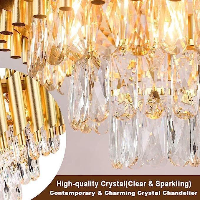 Image of Modern Crystal Chandelier 600x300mm Full Gold Round Pendant Ceiling Light Fixture Flush Mount for Dining Room Living Room Bedroom Foyer Hallway Entryway