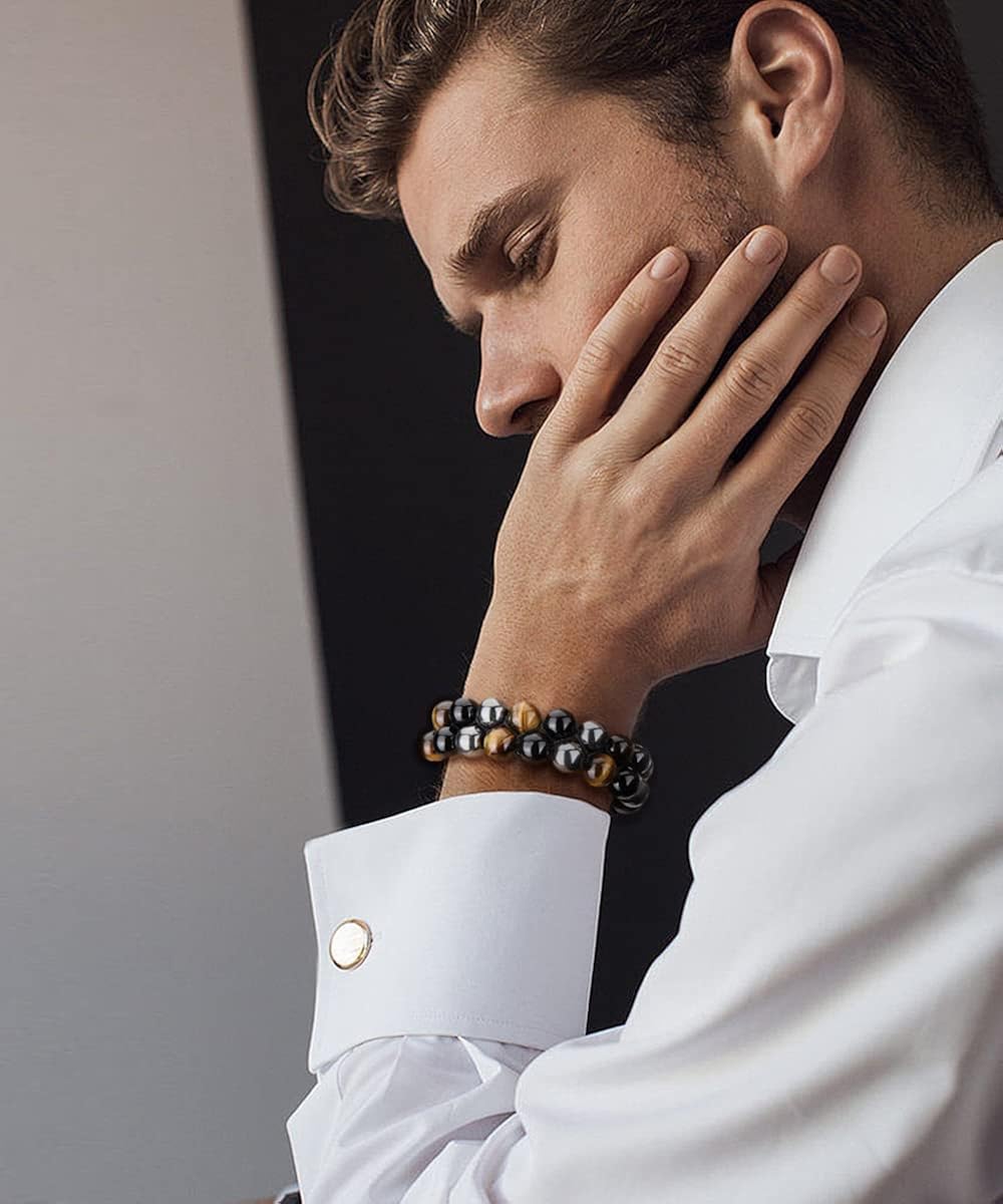 Miniatura 2 de Yowivon Triple Protection BraceletBlack Obsidian Tiger Eye Healing Crystal Bracelet for Men WomenBeaded Bracelets Jewelry Bring Luck Happiness Gifts