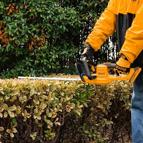 Image of INGCO 20V Cordless Hedge Trimmer - 460mm Laser-Cut Blade, 2800 SPM, Cuts 18mm Branches, Includes 2.0Ah Battery, Charger, Safety Goggles & Gloves - Lightweight Electric Shrub Trimmer