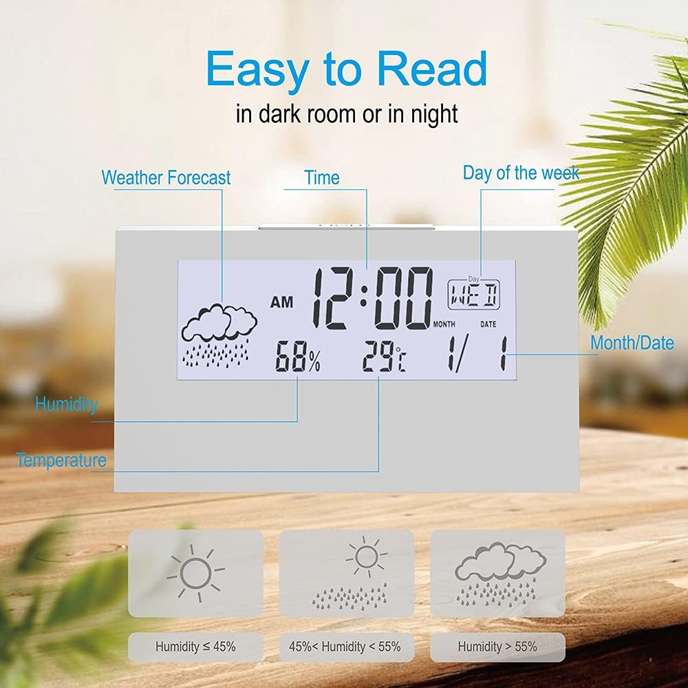 Electric LCD Desk Alarm Clock White with Calendar and Digital Temperature Humidity Home Office Watch Battery Operated