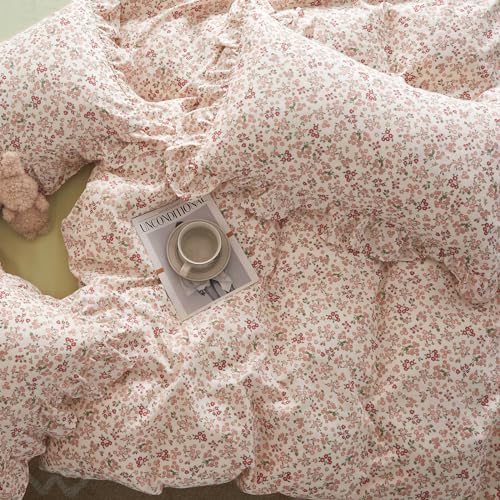 VM VOUGEMARKET Cotton Duvet Cover Twin Pink Flower Duvet Cover with Ruffle Pillowcases Teen Girls Aesthetic Bedding Set Garden Style Blooming Comforter Cover with Zipper Ties (3 pcs,68x86 Inch)